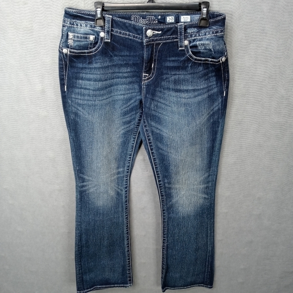 Miss Me XP7633B women's. blue jeans. Bold gold thread stitch. Rhinestone and emb